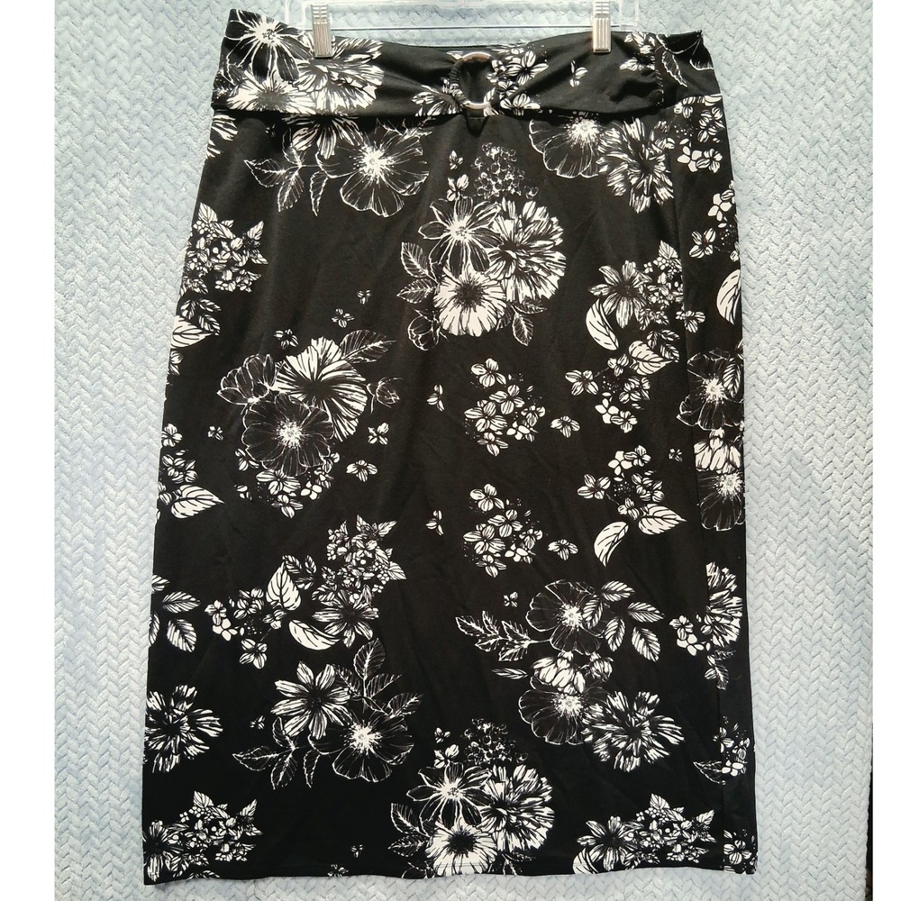 Alex & Olivia Black White Floral Midi Skirt XL Ring Detail Stretch Hibiscus
